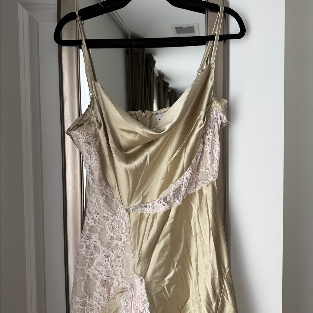 Reclaimed Vintage Champagne Satin Slip Dress with Blush Lace